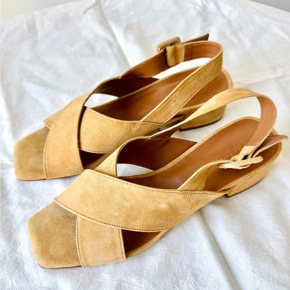 BY FAR Nude Suede Anelia Sandals with Crossover Straps - Picture 1 of 15
